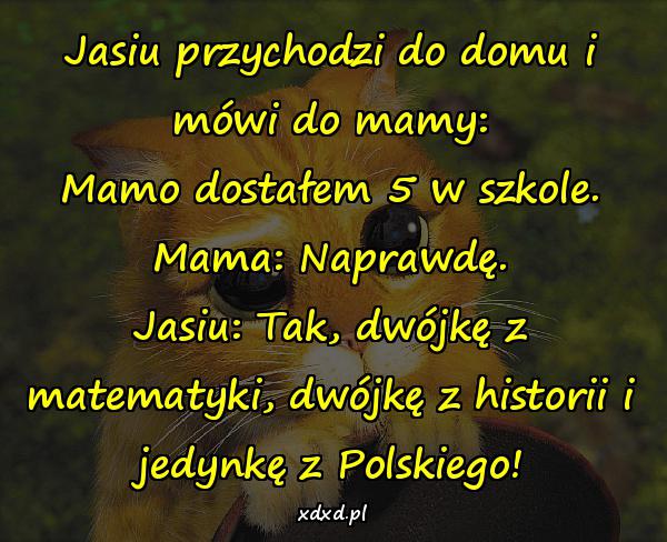 Jasiu przychodzi do domu i mówi do mamy: Mamo dostałem 5 w szkole. Mama: Naprawdę. Jasiu: Tak, dwójkę z matematyki, dwójkę z historii i jedynkę z Polskiego!